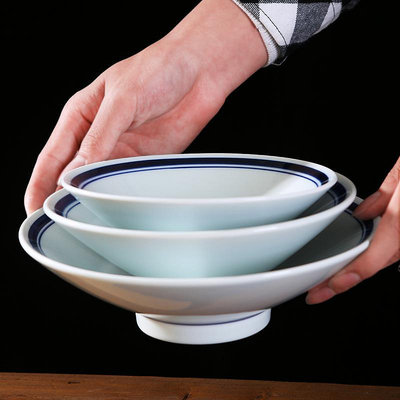 陶瓷碗日式斗笠拉面面館會所湯碗大號沙拉碗簡約復古釉下藍邊餐具