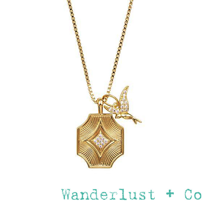 Wanderlust+Co 澳洲品牌 Art Deco錢幣X鑲鑽蜂鳥 金色雙墜項鍊 Stargazer