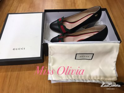 Miss Olivia名牌包包店～～Gucci 紅綠緞帶黑色高跟鞋
