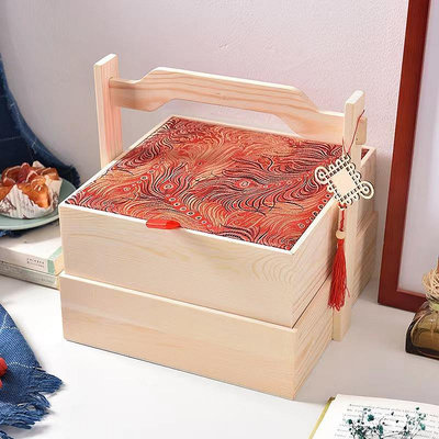 提籃禮盒中式雙層糕點食盒木質手提盒蟲草包裝盒端午粽子禮盒