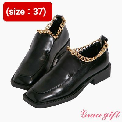 ♦️降♦️全新含盒【GRACE GIFT】(黑)方頭踝鍊低跟樂福鞋 平底鞋 包鞋 皮鞋(size：37)