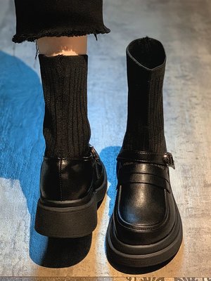 針織彈力短靴2022夏季新款超火百搭小個子松糕厚底防滑~特價