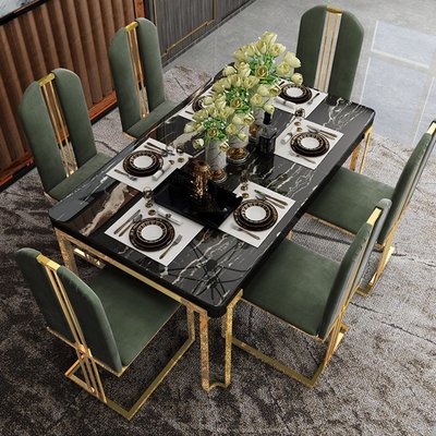 輕奢風大理石餐桌長方形家用現代簡約小戶型巖板不銹鋼餐桌椅組合 真真啊