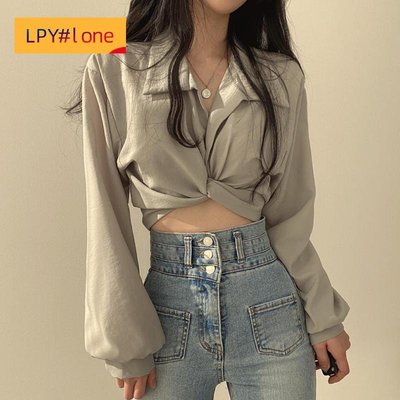 法式溫柔風襯衫女蝴蝶結露臍七分長袖上衣【LPY#lone】