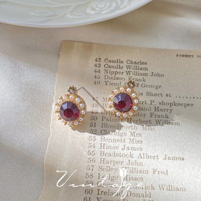 ��飾界��「波爾多紅酒」復古宮廷港風優雅精緻顯白紅寶石珍珠鋯石耳環耳夾-衣美良品