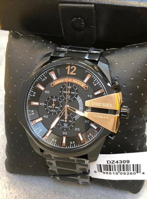 DIESEL MEGA CHIEF 黑色錶盤 黑色不鏽錶帶 石英 三眼計時 男士手錶 DZ4309