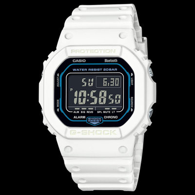 【金台鐘錶】CASIO卡西歐G-SHOCK (智慧藍芽) DW-B5600SF-7 橡膠錶帶 防水200米(藍x白)