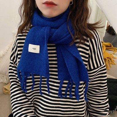 熱賣 藍綠色系2022年冬天新款圍巾韓國ins純色貼布流蘇圍脖毛線男女潮