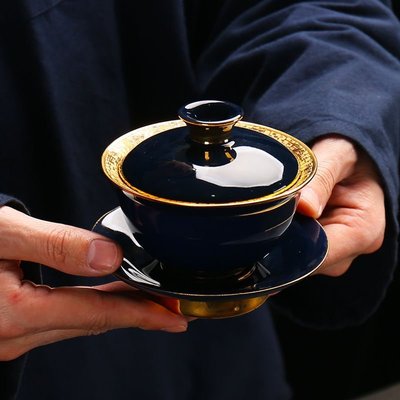 熱銷 現貨 霽藍雕金三才蓋碗大號陶瓷家用單個敬茶碗不燙手功夫手抓壺泡茶碗