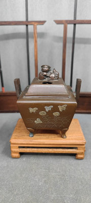 日本購回 老銅香爐  嵌金銀獅子鏑角香爐 年代老物