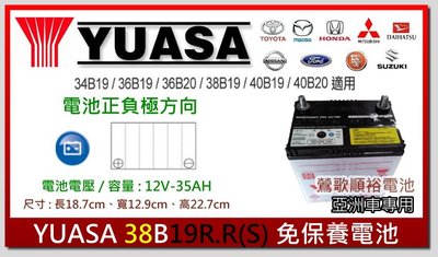 ☆新北鶯歌電池☆實體店面 YUASA 38B19RS 汽車電池 威力1.2、菱利1.2,1.6