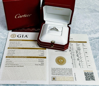 Cartier 卡地亞 附原廠盒 GIA鑑定書 0.35 /H/ VVS2  3EX   Pt950 方鑽   婚戒 (真品)