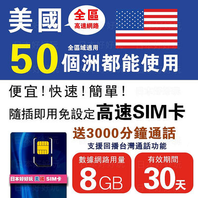 [日本好好玩]美國電話卡 8天-30天任選 上網卡 免設定 插卡即用 可打電話 4G吃到飽 送3000分鐘通話 SIM卡