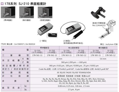 日本三豐Mitutoyo 表面粗度計 表面粗度儀 SJ-210 退避型驅動 178-563-11/178-563-12