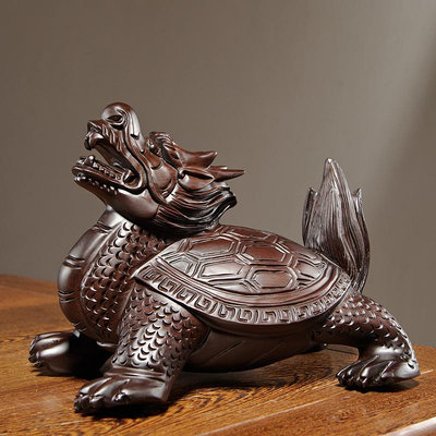 三友社 黑檀木龍龜雕刻擺件實木質雕刻龍頭龜客廳家居辦公裝飾紅木工藝品xf