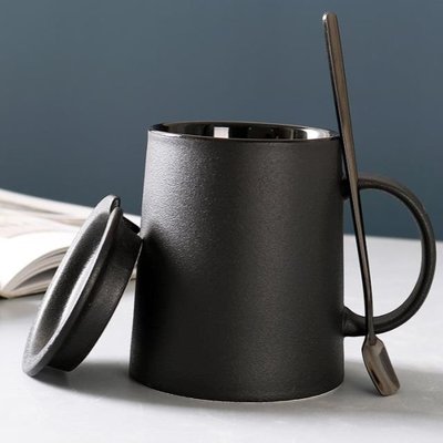 復古風個性磨砂陶瓷馬克杯日式家用黑色早餐杯子帶蓋勺辦公室水杯爆款