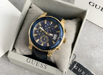 GUESS Pinnacle 金框藍色面錶盤 藍色皮革錶帶 石英 三眼計時 男士手錶 W0673G2