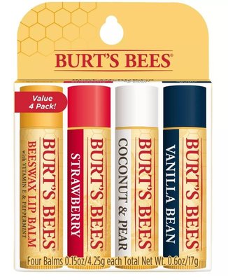 【雷恩的美國小舖】Burt’s Bees 蜂蠟 椰子與香梨 草莓 香草 4瓶裝護唇膏
