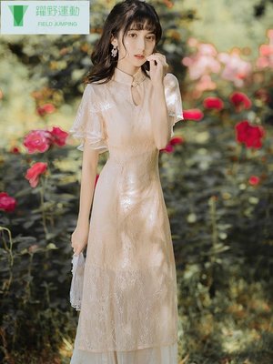 甜甜 洋裝法式旗袍年輕款改良版蕾絲連衣裙設計感眾收腰顯瘦氣質仙女長裙~躍野好物~