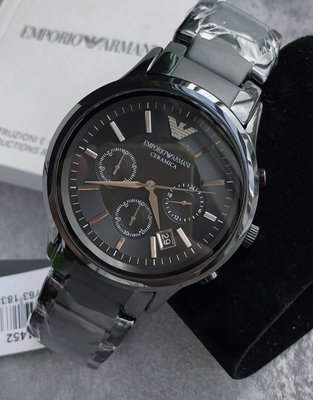 EMPORIO ARMANI 黑色錶盤 黑色陶瓷錶帶 石英 三眼計時 男士手錶AR1451