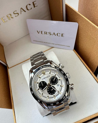 VERSACE V-Ray 白色錶盤 銀色不鏽鋼錶帶 石英 三眼計時 男士手錶 VE2I00321