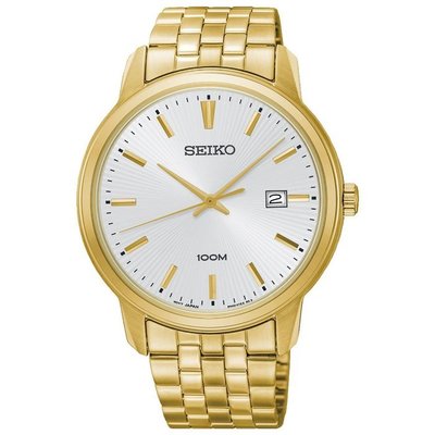 【金台鐘錶】SEIKO 精工 簡約 石英 (男錶) 不鏽鋼金屬錶 銀白面 金色帶 SUR264P1