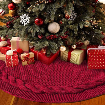 【現貨精選】新款聖誕樹裙聖誕樹圍裙聖誕樹底部裝飾聖誕用品48寸紅色針織樹裙