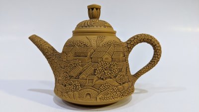 【不動茗壺】台灣鶯歌手拉胚茶壺---許兆豐刻 謝志成製壺---清明上河圖