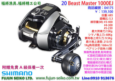 【福將漁具】Shimsano電動捲線器 20 Beast Master 1000EJ,附贈免費A級保養乙次