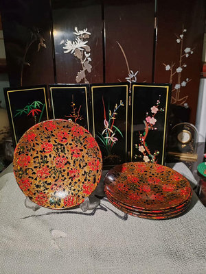 日本回流，昭和早期，木胎漆器，津輕塗，壺承、杯托、甜品盤，菠