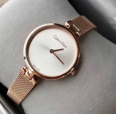 CALVIN KLEIN 銀白色錶盤 玫瑰金色不鏽鋼米蘭編織錶帶 石英 女士 手錶K8G23626/CK腕錶