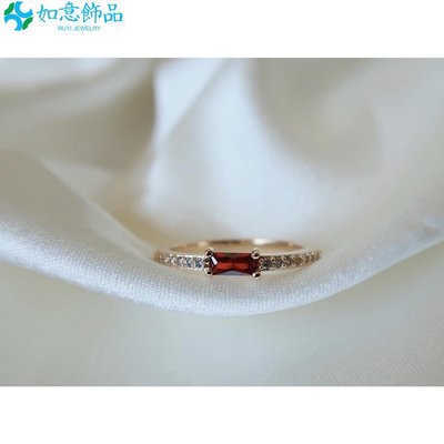 S925純銀極細方形紅寶石戒指法式復古簡約個性百搭氣質指環可調整~如意飾品