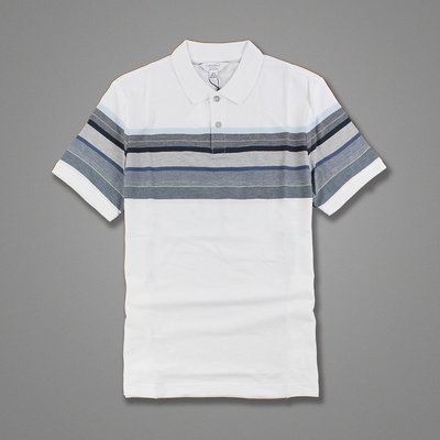 美國百分百【全新真品】Calvin Klein Polo衫 CK 短袖 上衣 網眼 白色 藍灰 條紋 XL號 G820