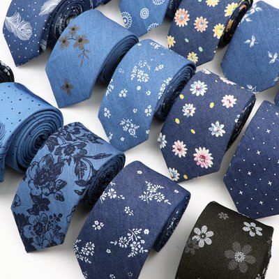 New Cotton Denim Ties For Men 7CM Floral Feather Dot Blue