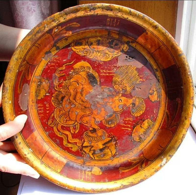 清代烤金獅子木盤 古玩 古董 木器 漆器 民俗 老物件 收藏5248