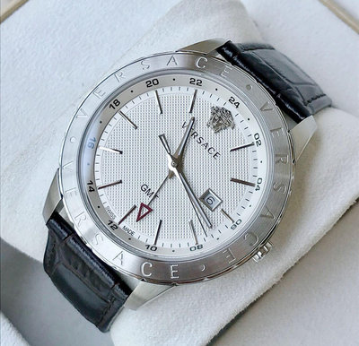 VERSACE Univers GMT 白色錶盤 黑色皮革錶帶 石英 男士手錶 VEBK00918