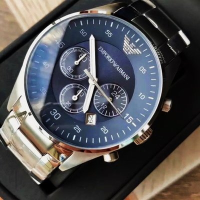 EMPORIO ARMANI 藍色錶盤 銀色不鏽鋼錶帶 石英 三眼計時 男士手錶 AR5860 亞曼尼腕錶