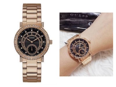 GUESS Constellation 黑色面錶盤 玫瑰金色不鏽鋼錶帶 石英 女士手錶 W1006L2