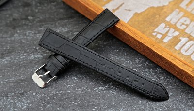 16mm pu合成皮 黑色鱷魚皮紋路錶帶~不鏽鋼表扣