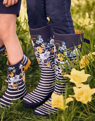 Miolla 英國品牌Joules 深藍底色條紋花朵高筒雨靴/雨鞋