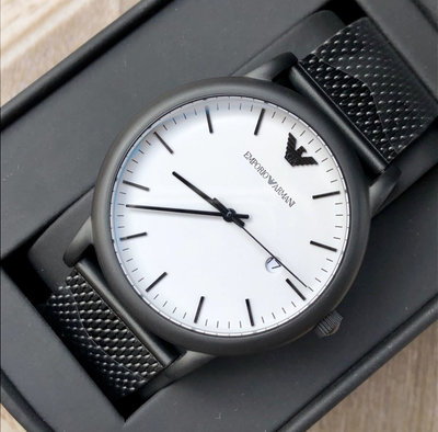 EMPORIO ARMANI 白色面錶盤 黑色不鏽鋼米蘭編織錶帶 石英 男士手錶AR11046