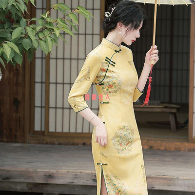 旗袍現貨✨S-2XL  新款秋款改良洋裝長袖年輕款黃色復古國潮中國風日常 大尺碼洋裝
