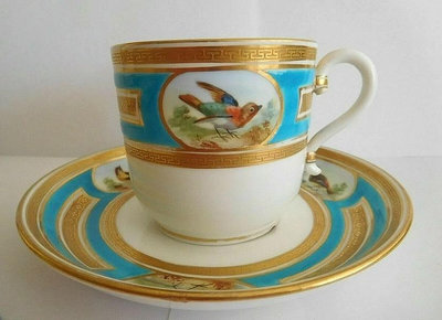 Minton 1867年明頓 手繪鳥類，松石藍琺瑯，蝕刻鎏金金咖啡杯。