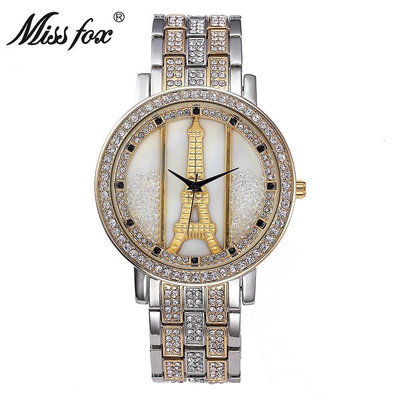 現貨女士手錶腕錶速賣通爆款時尚巴黎鐵塔j滿鉆手錶女款女士手錶miss fox石英錶