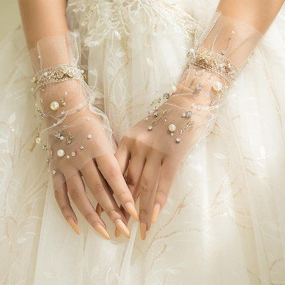 水舞G1058新娘頭飾新款白色珍珠網紗手套婚紗旅拍手臂手套配飾品