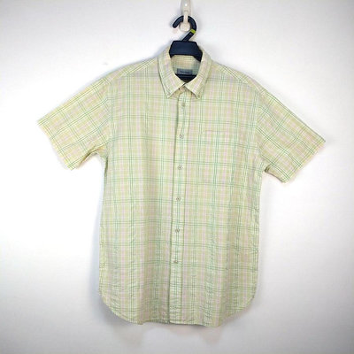 230401男裝品牌TONY WEAR淺綠色紅色格紋皺布料口袋短袖襯衫