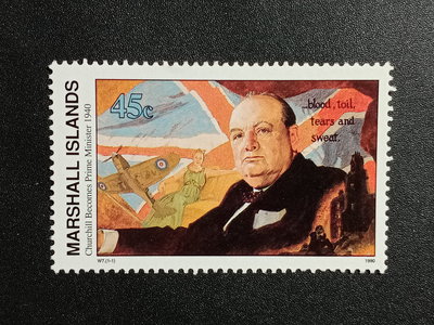 【 黑白宇宙 】1990年馬紹爾群島 第二次世界大戰溫斯頓·丘吉爾被命為英國首相郵票1全_6608