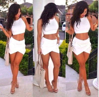White Sexy Bandage Women Crop Top Set Hot Short Skirt Set