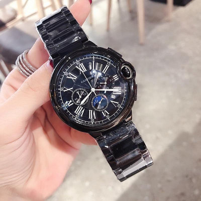 直購#卡地亞-CARTIER 藍氣球六針 飛輪時尚潮流男表藍針氣球腕錶月相星期顯示手錶