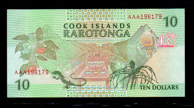 【低價外鈔】庫克群島 ND (1992)年 10Dollars 紙鈔一枚 拉羅湯加島嶼圖案 絕版少見~